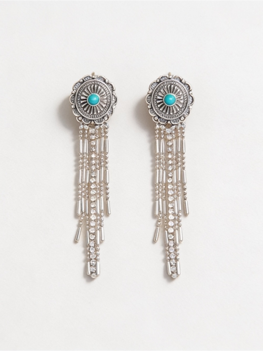 Turquoise accent silver fringe western drop earrings, new!